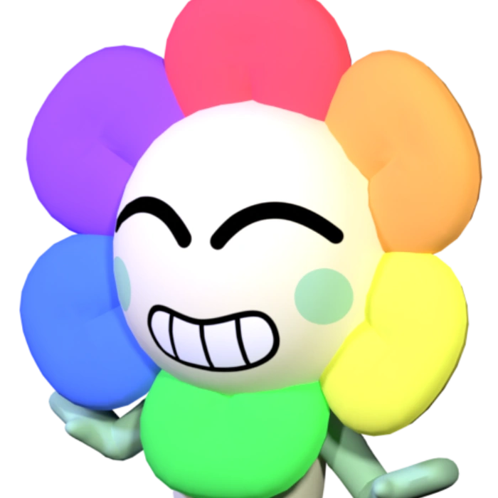 Dandy, the smiling rainbow-petaled flower mascot